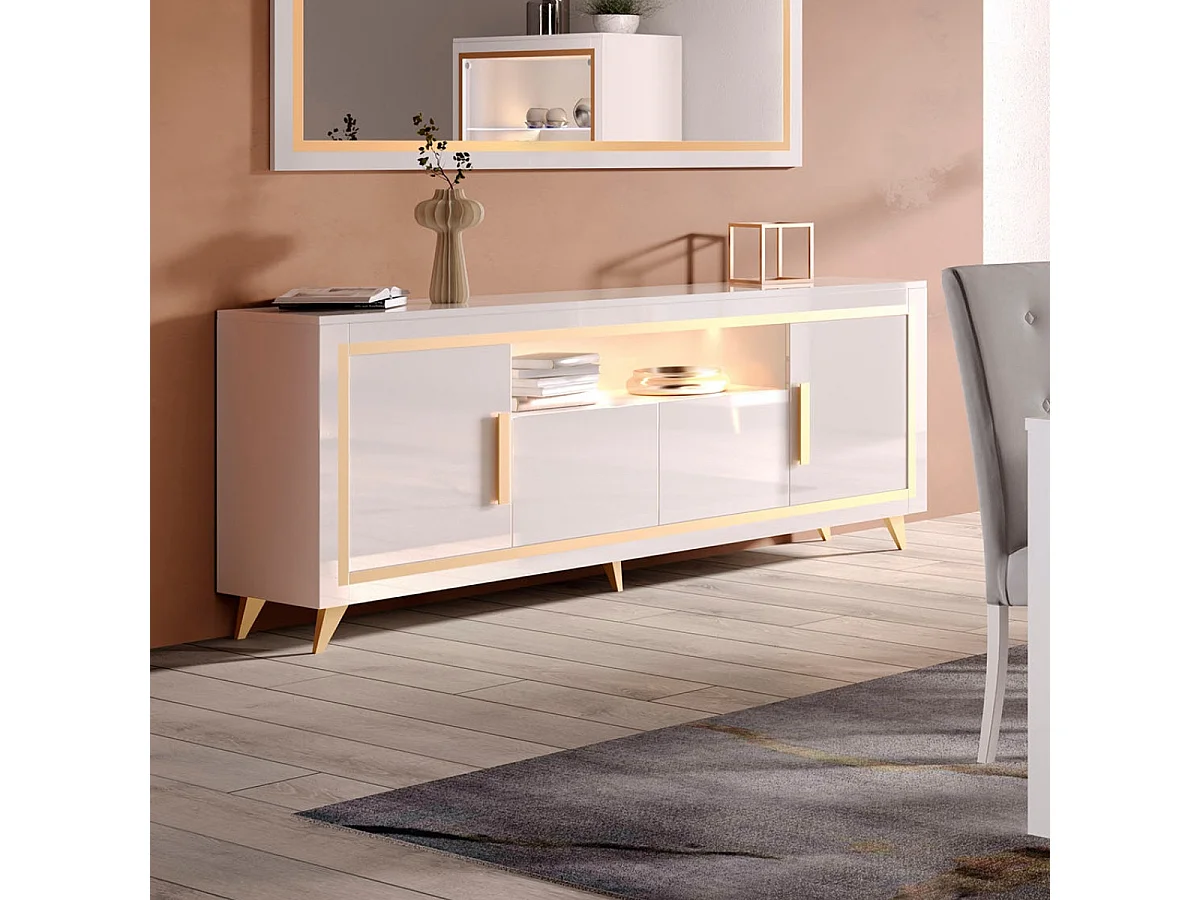 JEMMA - Ensemble Séjour Blanc Décor Doré Table 190cm + Buffet avec Leds