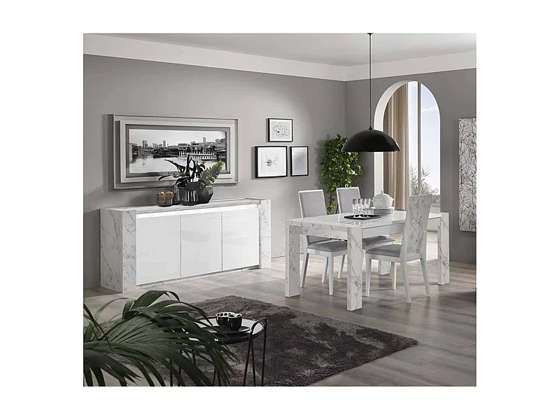 PRAVA - Ensemble Séjour Blanc et Effet Marbre Table 190cm + Buffet avec Leds