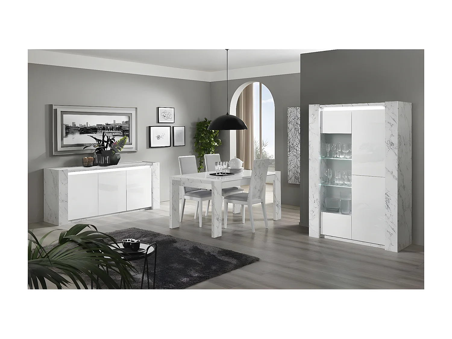 PRAVA - Ensemble Séjour Blanc et Effet Marbre Table 190cm + Buffet avec Leds