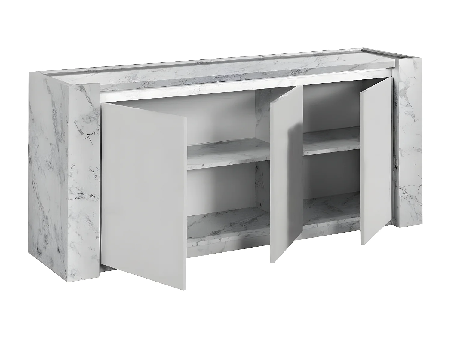 PRAVA - Ensemble Séjour Blanc et Effet Marbre Table 190cm + Buffet avec Leds