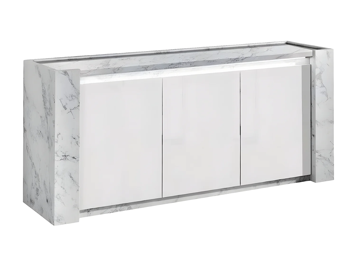 PRAVA - Ensemble Séjour Blanc et Effet Marbre Table 190cm + Buffet avec Leds