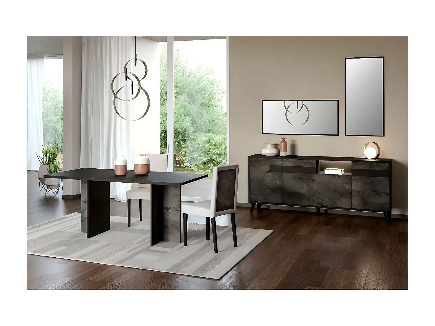 SEATTLE - Ensemble Séjour Noir et Effet Métal Oxydé Table 190cm + Buffet avec Leds