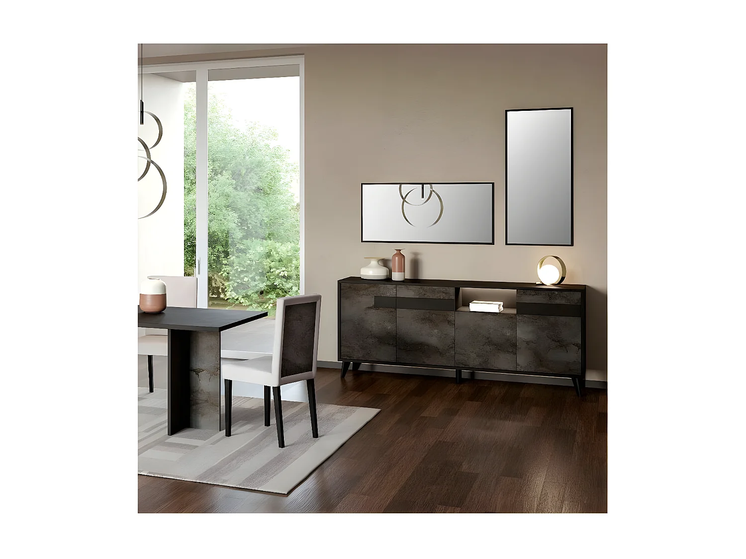 SEATTLE - Ensemble Séjour Noir et Effet Métal Oxydé Table 190cm + Buffet avec Leds