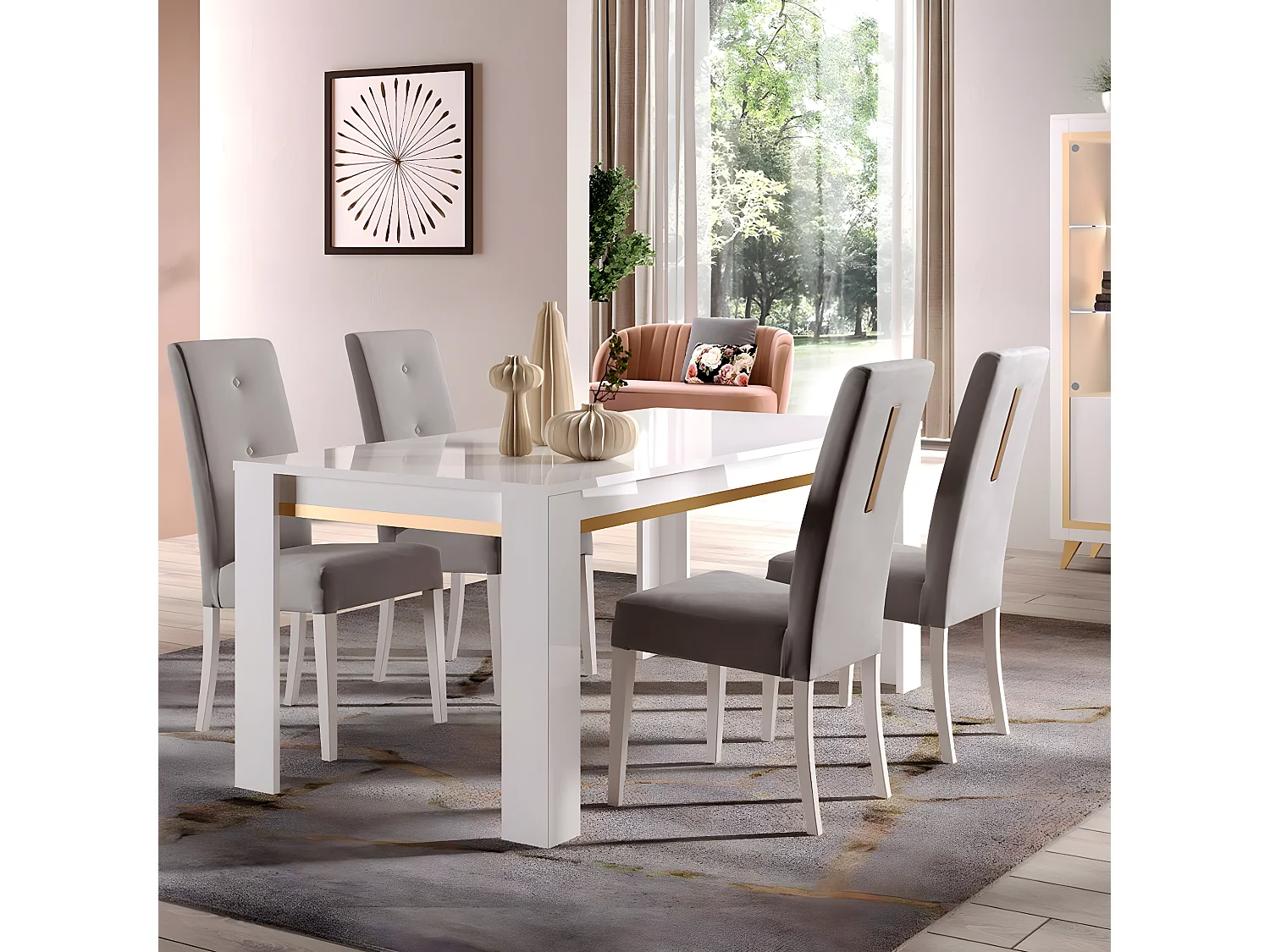 JEMMA - Lot de 4 Chaises Suédine Grise Détail Doré et Bois Gris