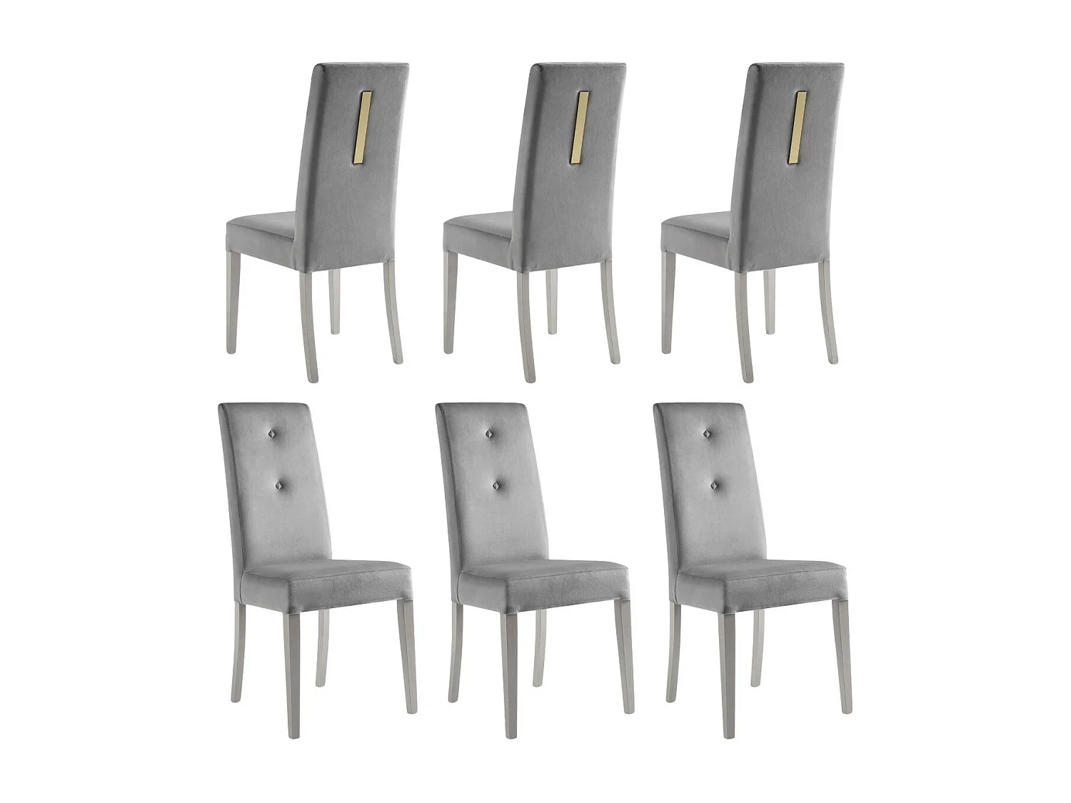 JEMMA - Lot de 6 Chaises Suédine Grise Détail Doré et Bois Gris