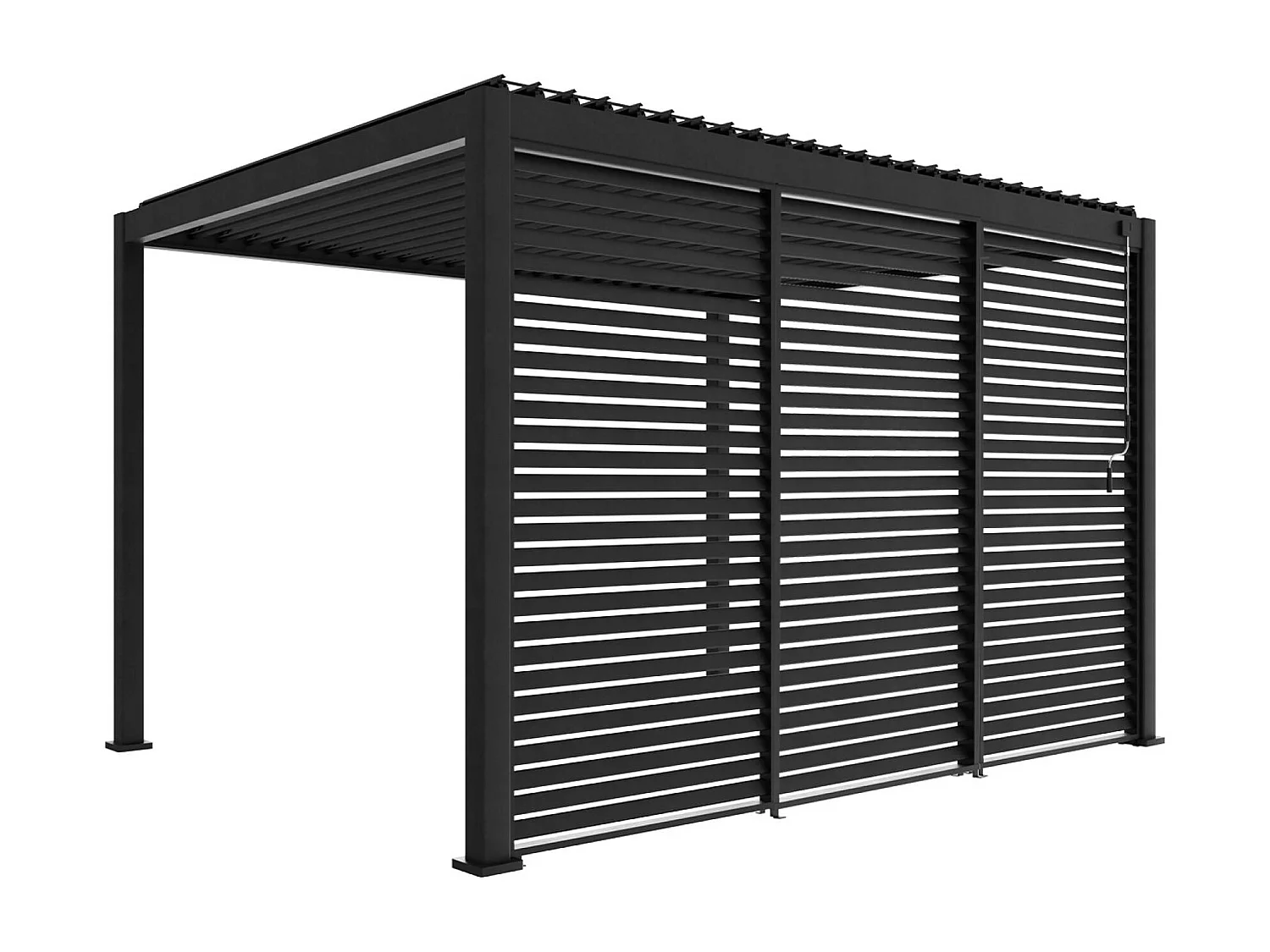 Pergola bioclimatique Triomphe 3x4 + 3 persiennes 130cm pour le côté de 4m. panneau brise vue. L 400 x P 300 x H 250 cm