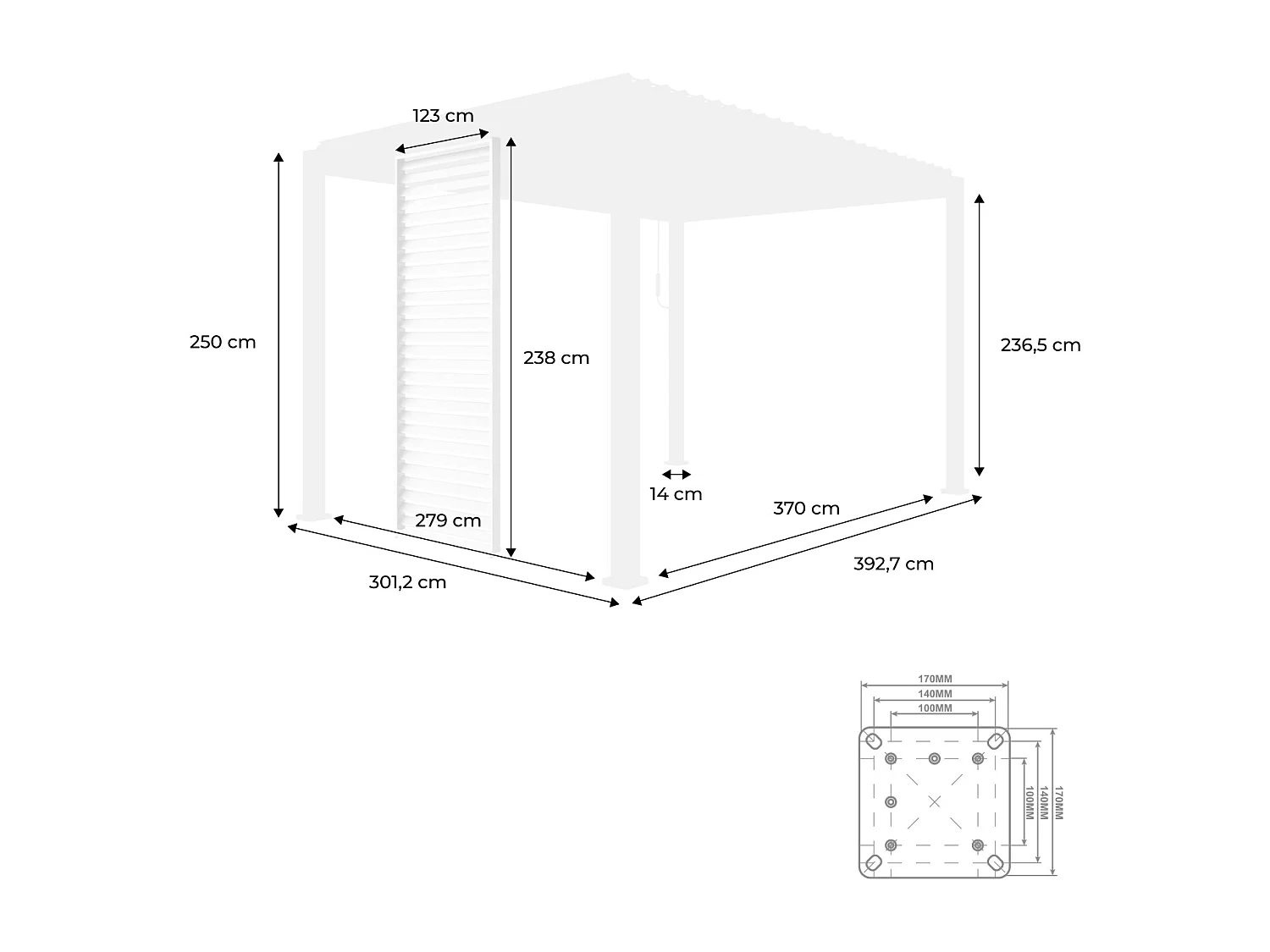 Pergola bioclimatique Triomphe 3x4 + 3 persiennes 130cm pour le côté de 4m. panneau brise vue. L 400 x P 300 x H 250 cm
