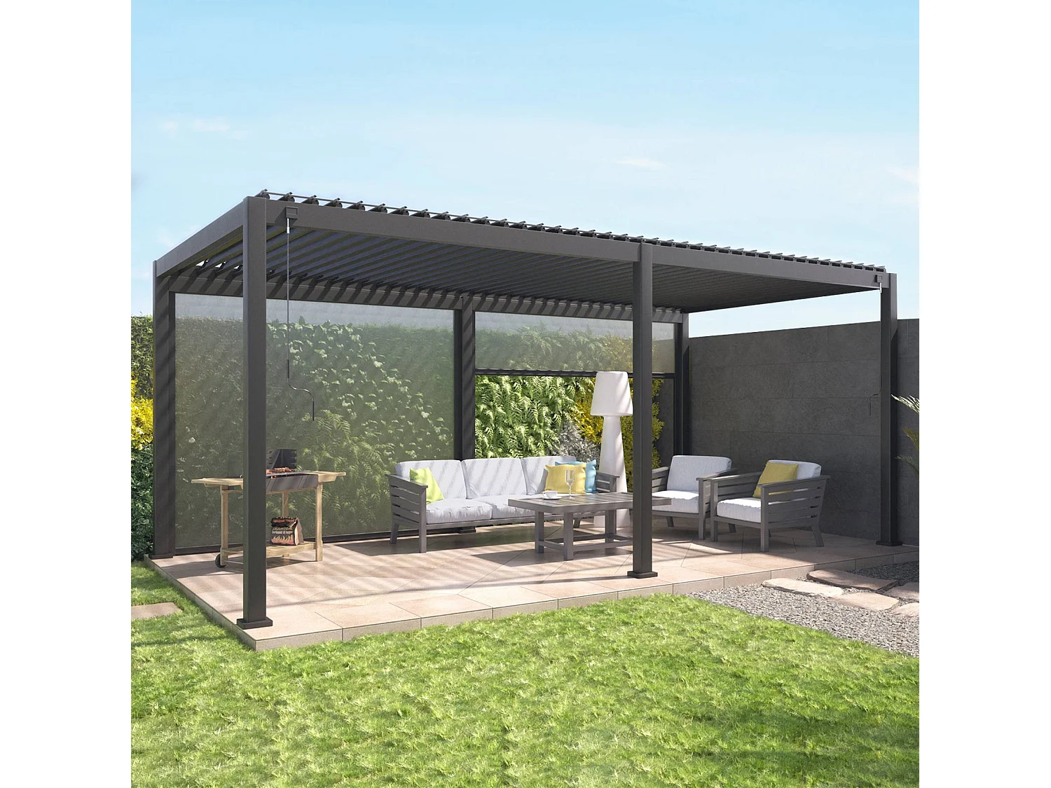 Pergola Bioclimatique gris anthracite 300x600cm. aluminium à lames orientables + 2 stores 3m