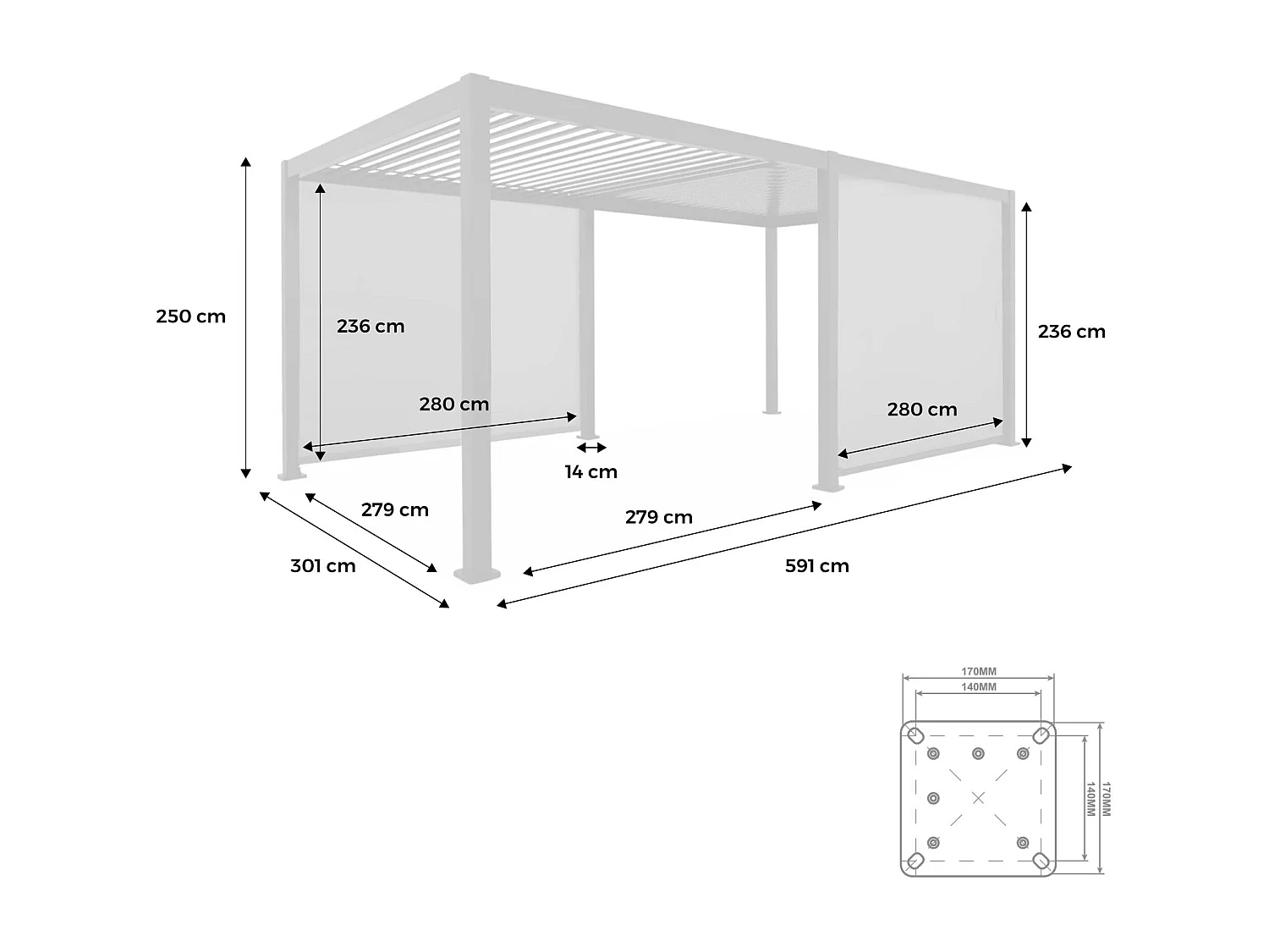 Pergola Bioclimatique gris anthracite 300x600cm. aluminium à lames orientables + 2 stores 3m