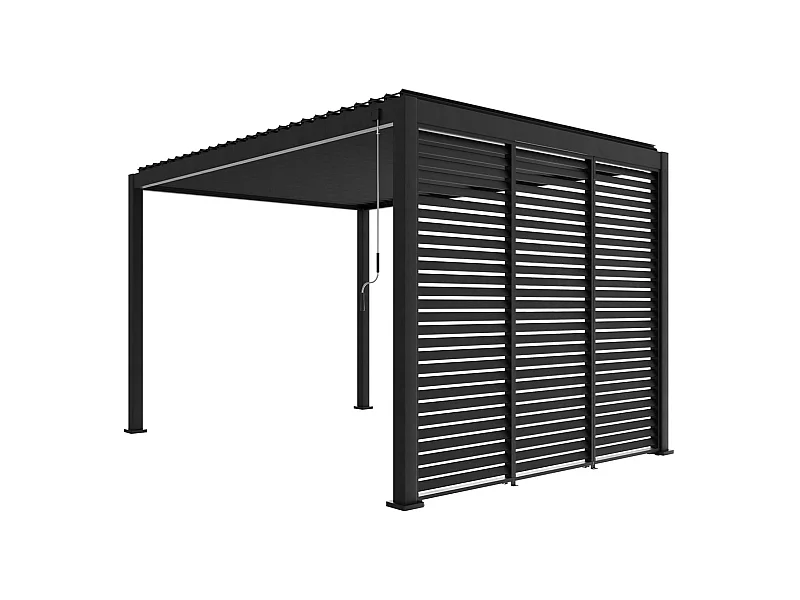 Pergola bioclimatique Triomphe 3x4 + 3 persiennes 100cm pour le côté de 3m. panneau brise vue. L 400 x P 300 x H 250 cm