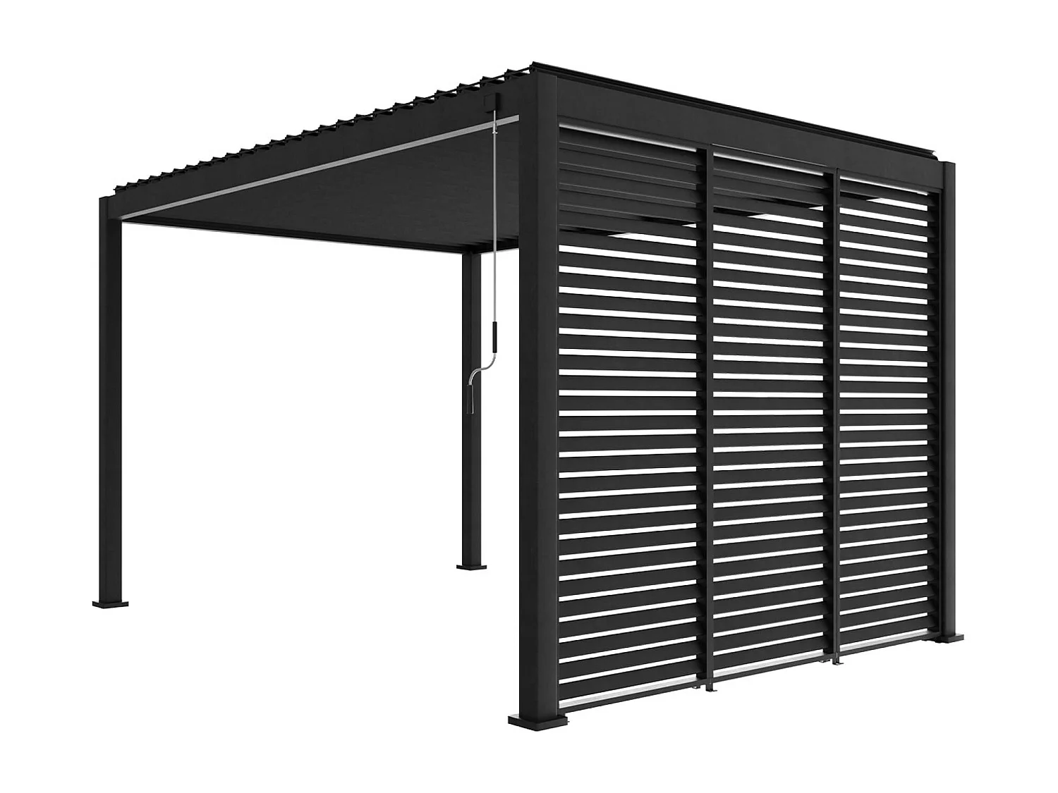 Pergola bioclimatique Triomphe 3x4 + 3 persiennes 100cm pour le côté de 3m. panneau brise vue. L 400 x P 300 x H 250 cm