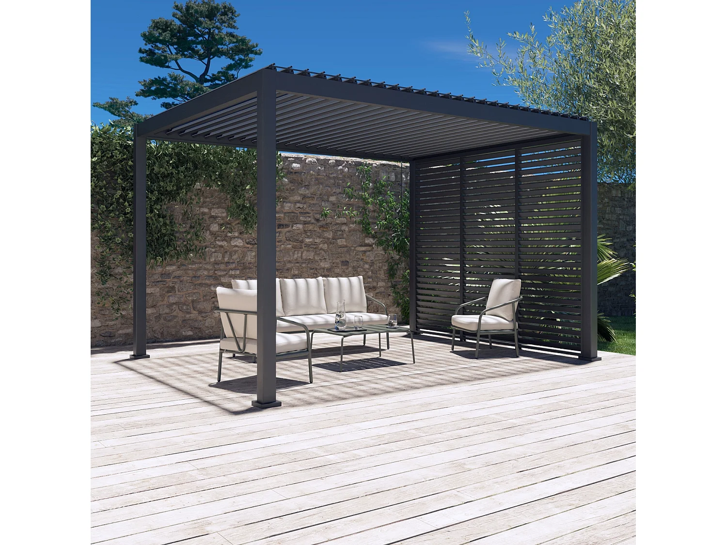 Pergola bioclimatique Triomphe 3x4 + 3 persiennes 100cm pour le côté de 3m. panneau brise vue. L 400 x P 300 x H 250 cm