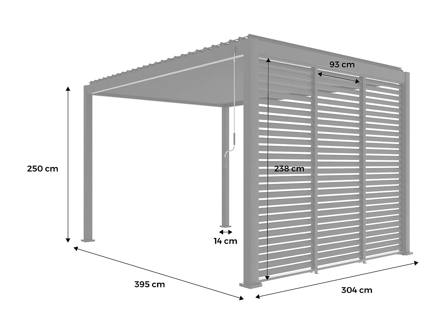 Pergola bioclimatique Triomphe 3x4 + 3 persiennes 100cm pour le côté de 3m. panneau brise vue. L 400 x P 300 x H 250 cm