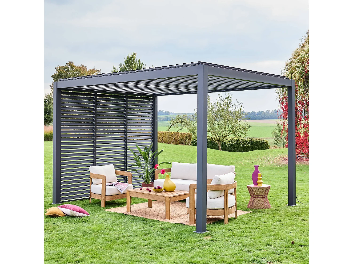 Pergola bioclimatica 3x4 in alluminio + 3 tende da 100cm, antracite