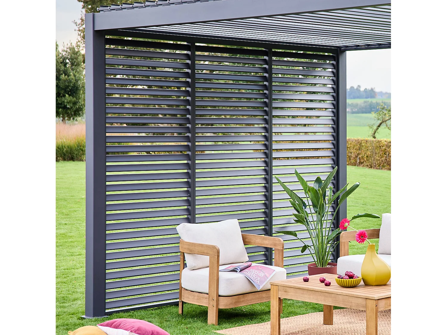 Pergola bioclimatica 3x4 in alluminio + 3 tende da 100cm, antracite