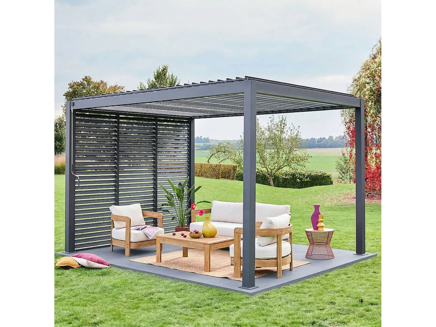 Pergola bioclimatica 3x4 in alluminio + 3 tende da 1m, antracite