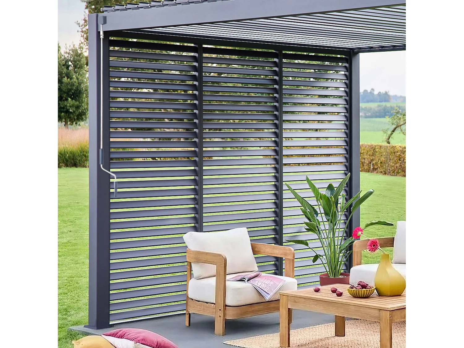 Pergola bioclimatica 3x4 in alluminio + 3 tende da 1m, antracite