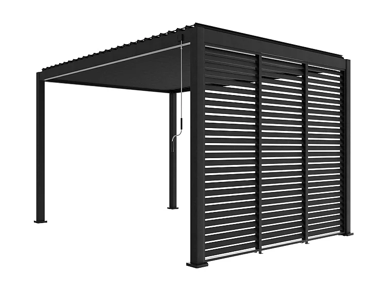 Pergola bioclimatique Triomphe 3x4 + 3 persiennes 100cm pour le côté de 3m. panneau brise vue. L 400 x P 300 x H 250 cm