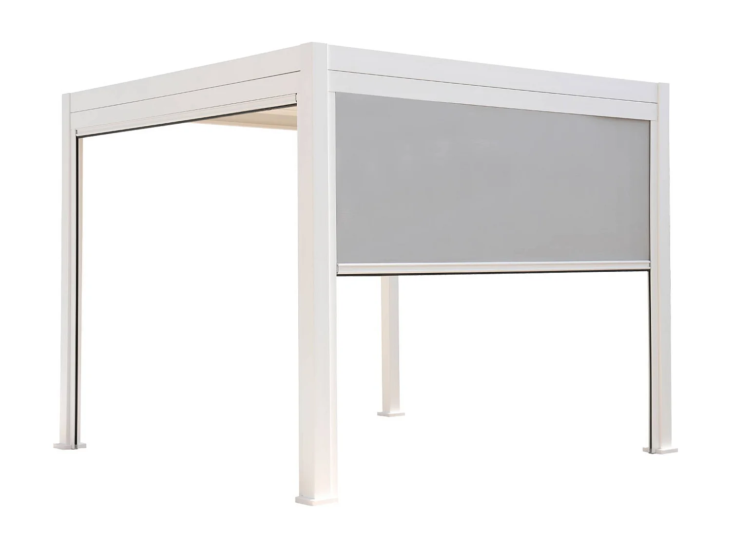 Pergola bioclimatique aluminium Triomphe 3x3 m lames orientables avec 2 stores en aluminium et textilène blancs