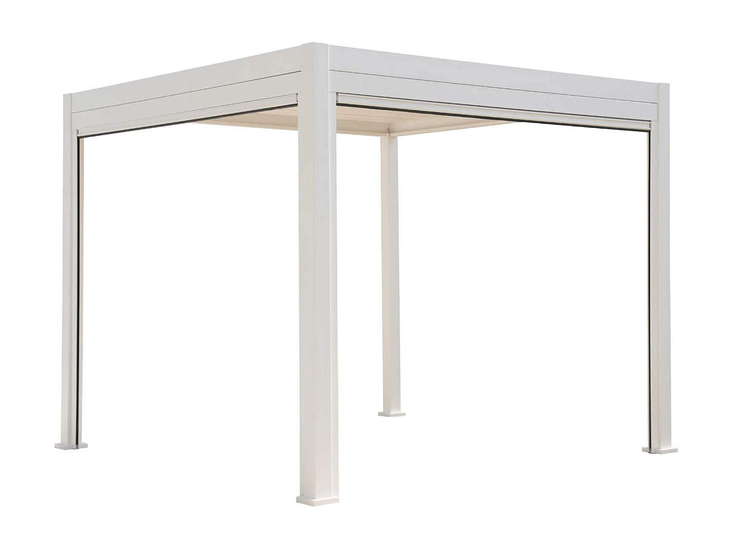 Pergola bioclimatique aluminium Triomphe 3x3 m lames orientables avec 2 stores en aluminium et textilène blancs