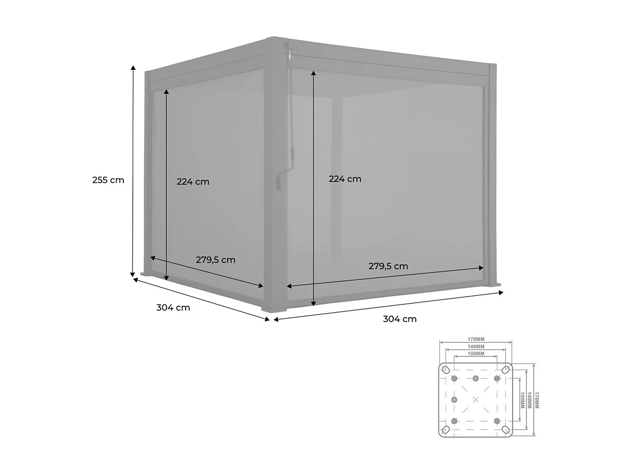 Pergola bioclimatica 3x3m in alluminio v2 + 2 tende da 3m, bianco