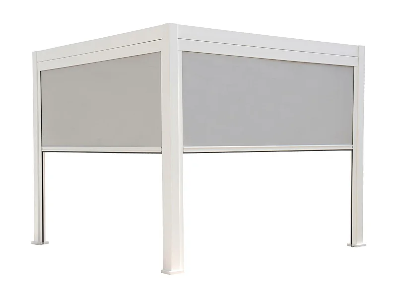 Pergola bioclimatique aluminium Triomphe 3x3 m lames orientables avec 2 stores en aluminium et textilène blancs