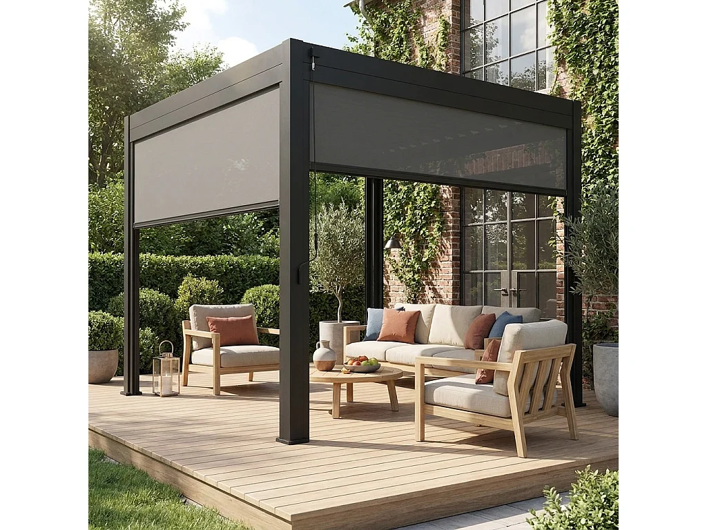 Pérgola bioclimática 3x3m v2 + 2 toldos verticales de 3m antracita