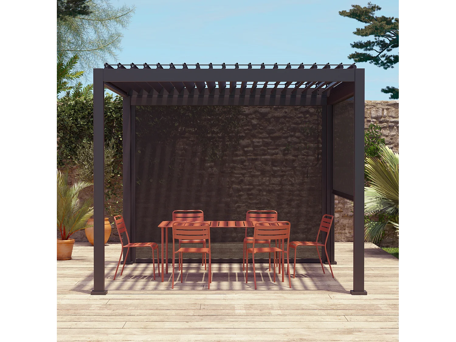 Pergola bioclimatique aluminium Triomphe 3x3 m lames orientables avec 2 stores en aluminium et textilène anthracite