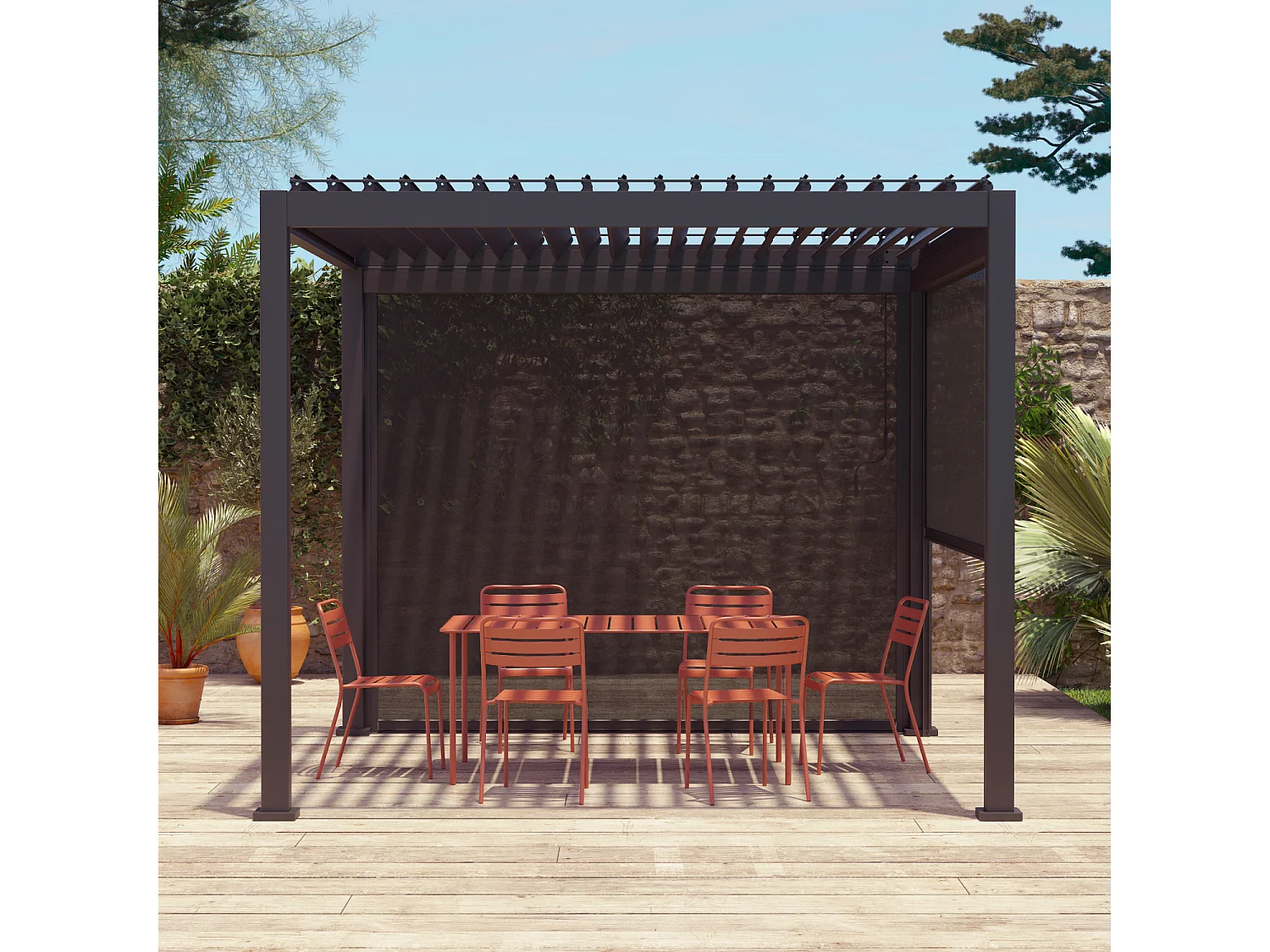 Pergola bioclimatique aluminium Triomphe 3x3 m lames orientables avec 2 stores en aluminium et textilène anthracite