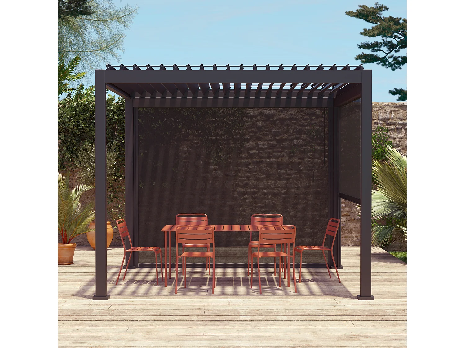 Pérgola bioclimática 3x3m v2 + 2 toldos verticales de 3m antracita