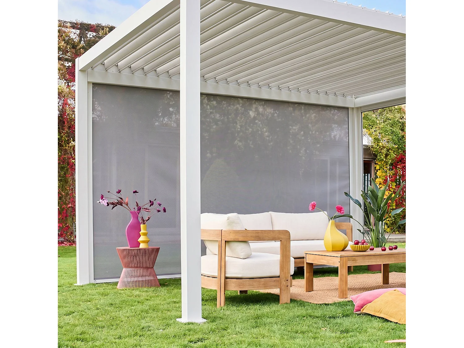 Pergola bioclimatica 3x4m in alluminio + tenda da sole 4m, bianco