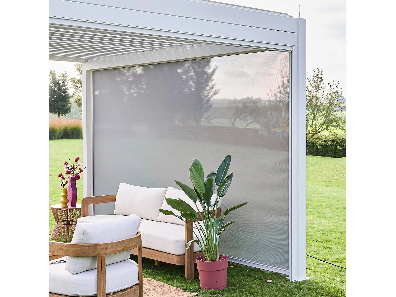 Pergola bioclimatica 3x4m in alluminio + tenda da sole 4m, bianco