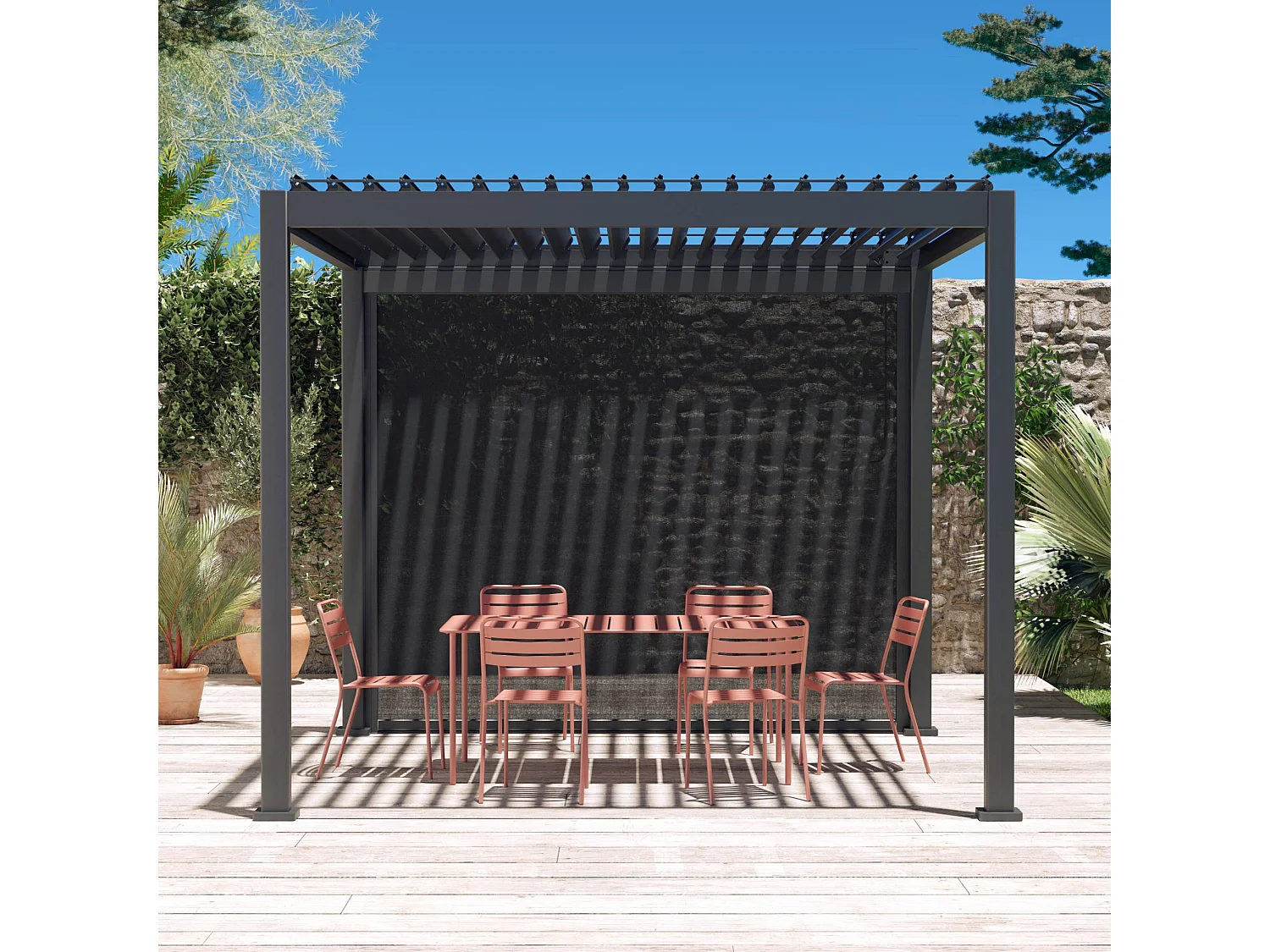 Pérgola bioclimática 3x3m v2 + toldo vertical 3x3m  antracita