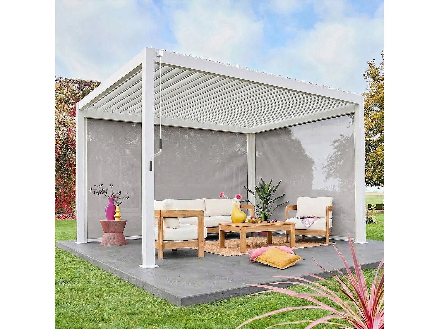 Pérgola bioclimática 3x4m + 2 toldos verticales de 3m y 4m blanco