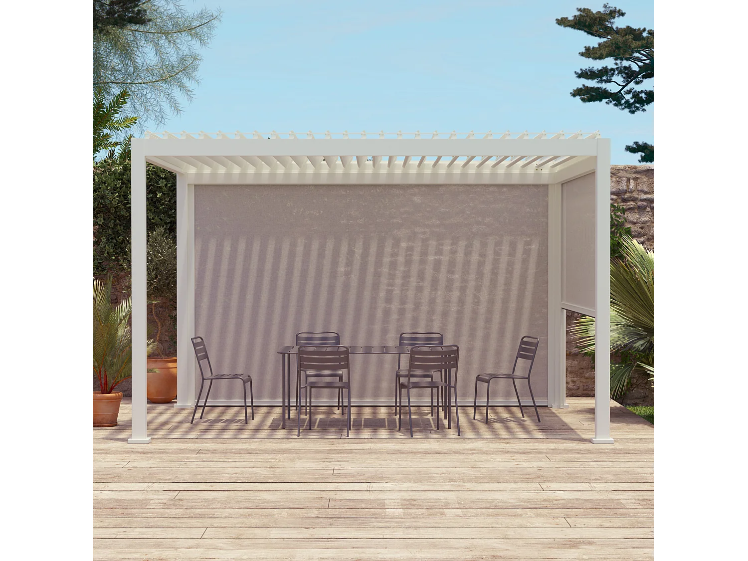 Pergola Bioclimatique blanche 300 x 400cm. aluminium à lames orientables + store 300cm + store 400cm