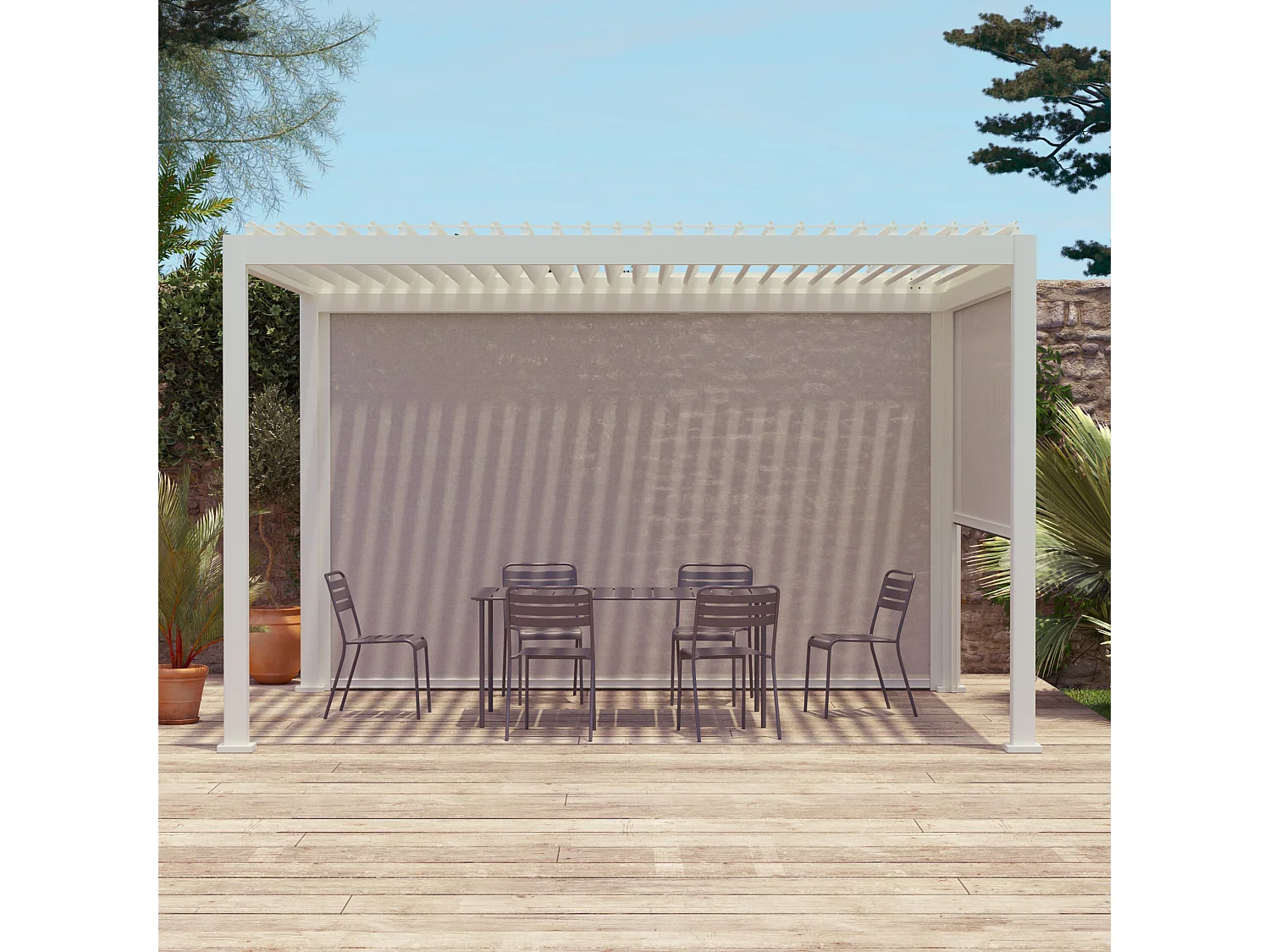 Pergola bioclimatica bianca + tenda 3m + tenda 4m