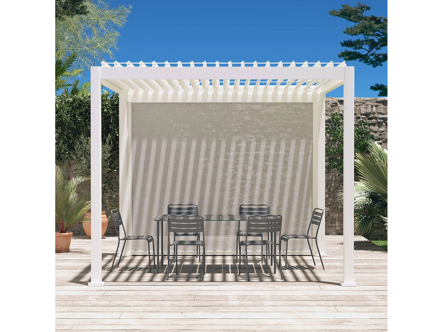 Pergola avec store bioclimatique aluminium et textilène Triomphe blanc 3x3 m lames orientables