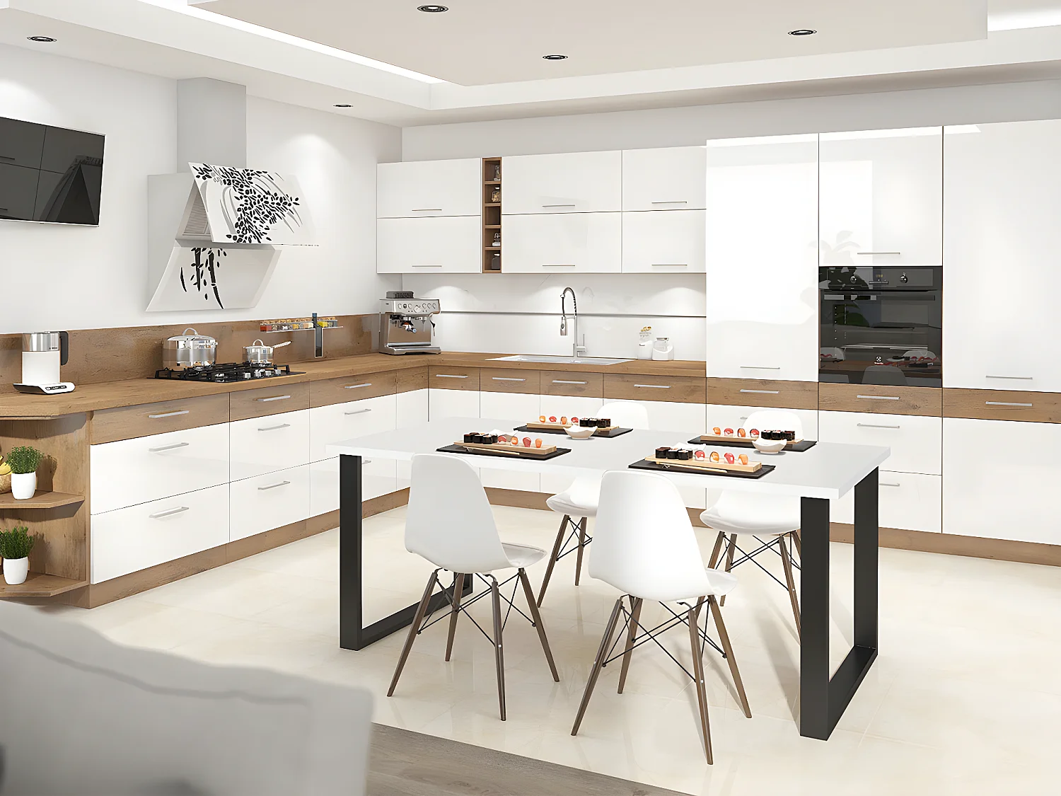 Table Tucson 139, Noir|Blanc, 75x90x185cm, Stratifié, Métal