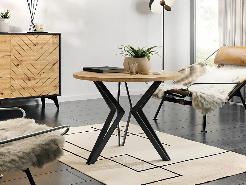 Table basse Dearborn 105, Chêne doré|Noir, 50cm, Diamètre: 65, Stratifié, Rond