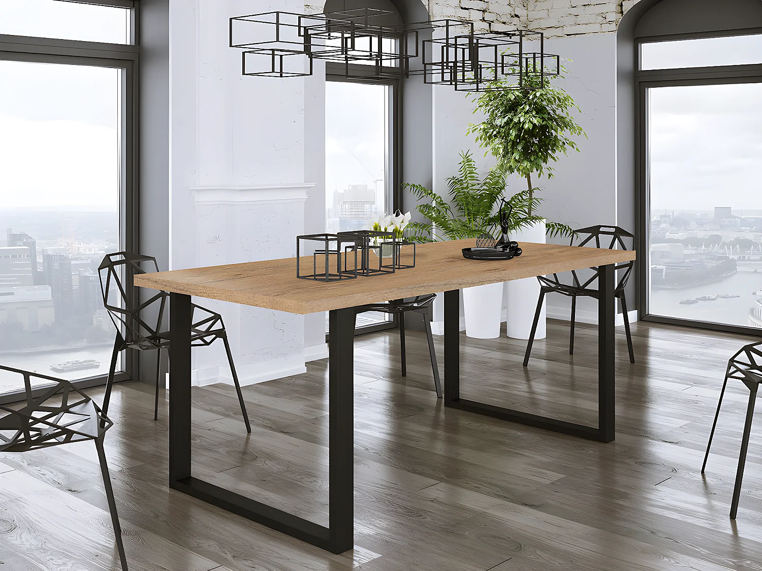 Mesa Tucson 138, Negro|Roble lancelote, 75x67x185cm, Aglomerado laminado, Metal