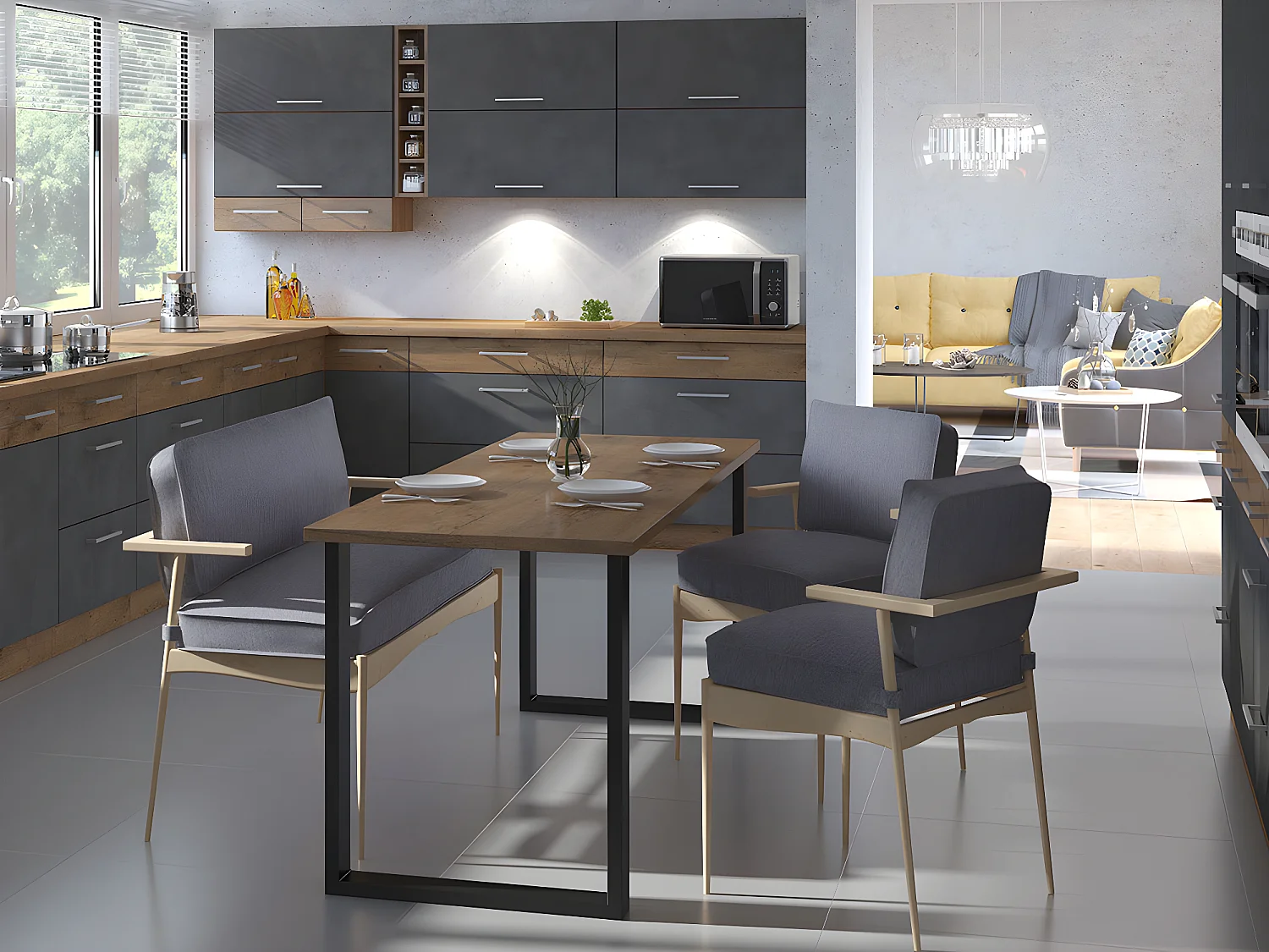 Mesa Tucson 138, Negro|Roble lancelote, 75x67x185cm, Aglomerado laminado, Metal