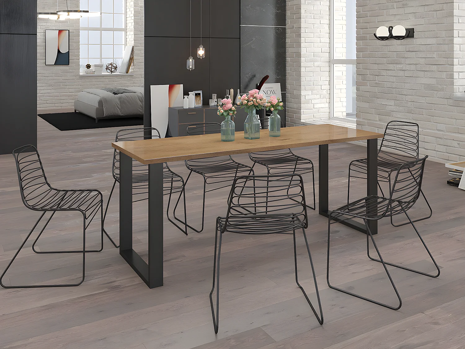 Mesa Tucson 138, Negro|Roble lancelote, 75x67x185cm, Aglomerado laminado, Metal