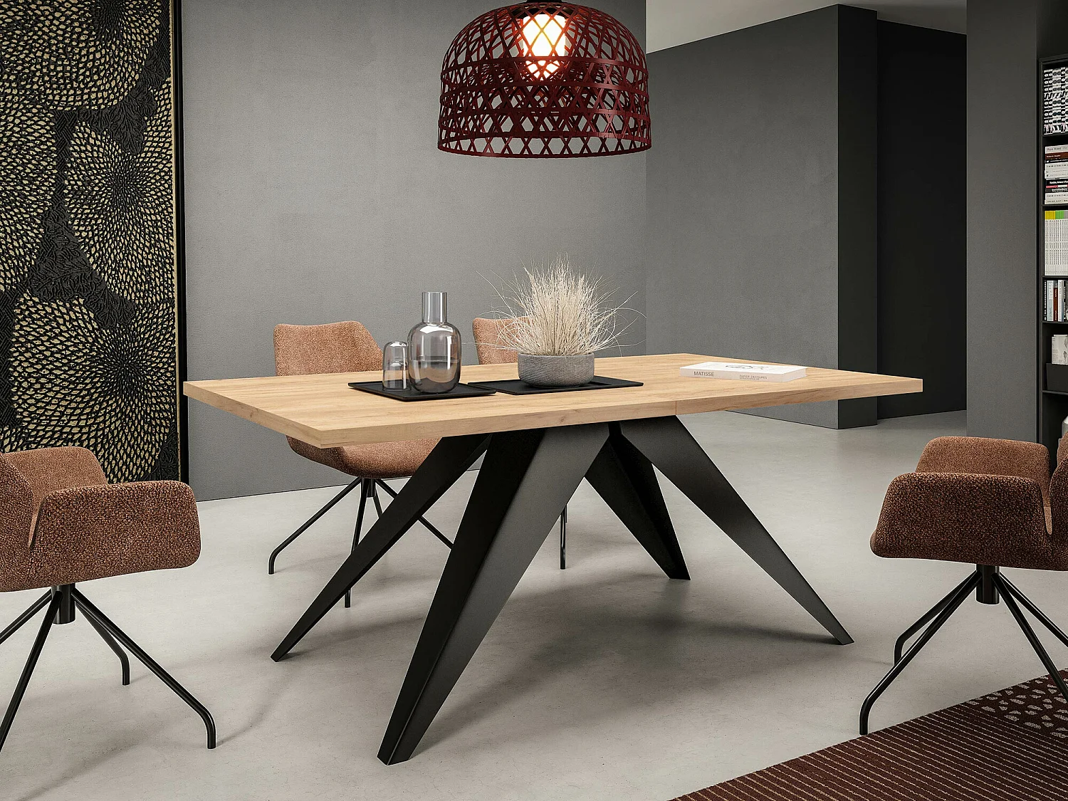 Mesa Oswego 113, Negro|Roble dorado artesanal, 76x80x140cm, Alargamiento, Metal
