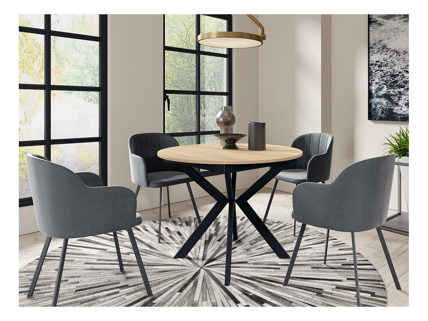 Table Oswego 112, Chêne doré artisanal|Noir, 76cm, Allongement, Stratifié, Métal