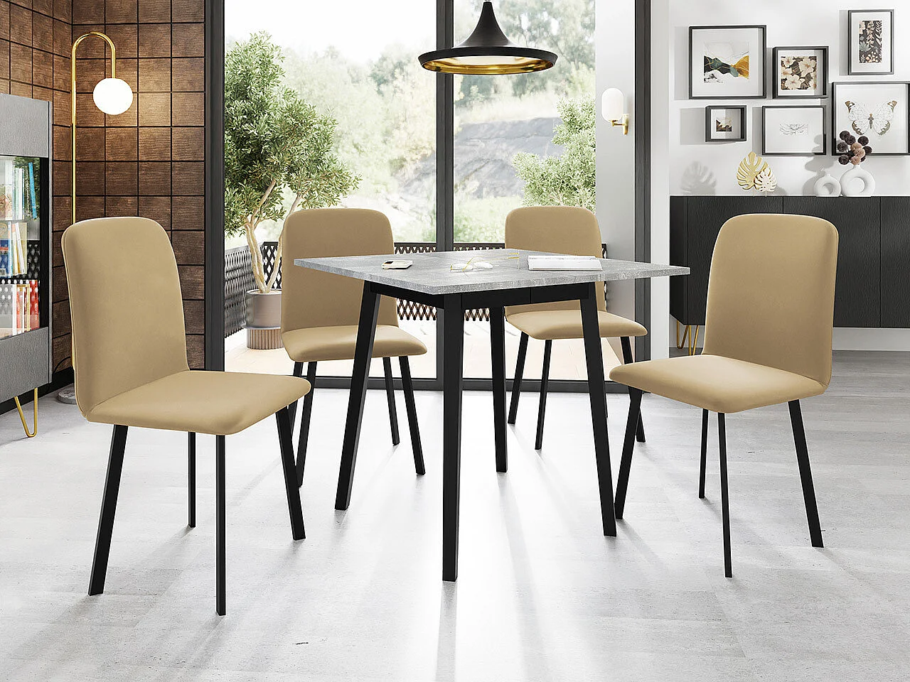 Table Edmond 109, Noir|Marbre gris, 77x85x85cm, Allongement, Stratifié, Bois