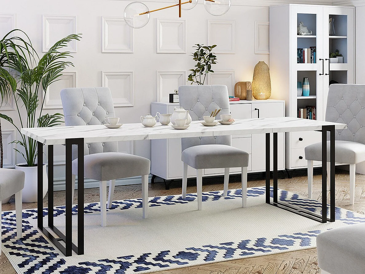 Mesa Comfivo 179, Mármol blanco|Negro, 76x80x140cm, Alargamiento, Aglomerado laminado