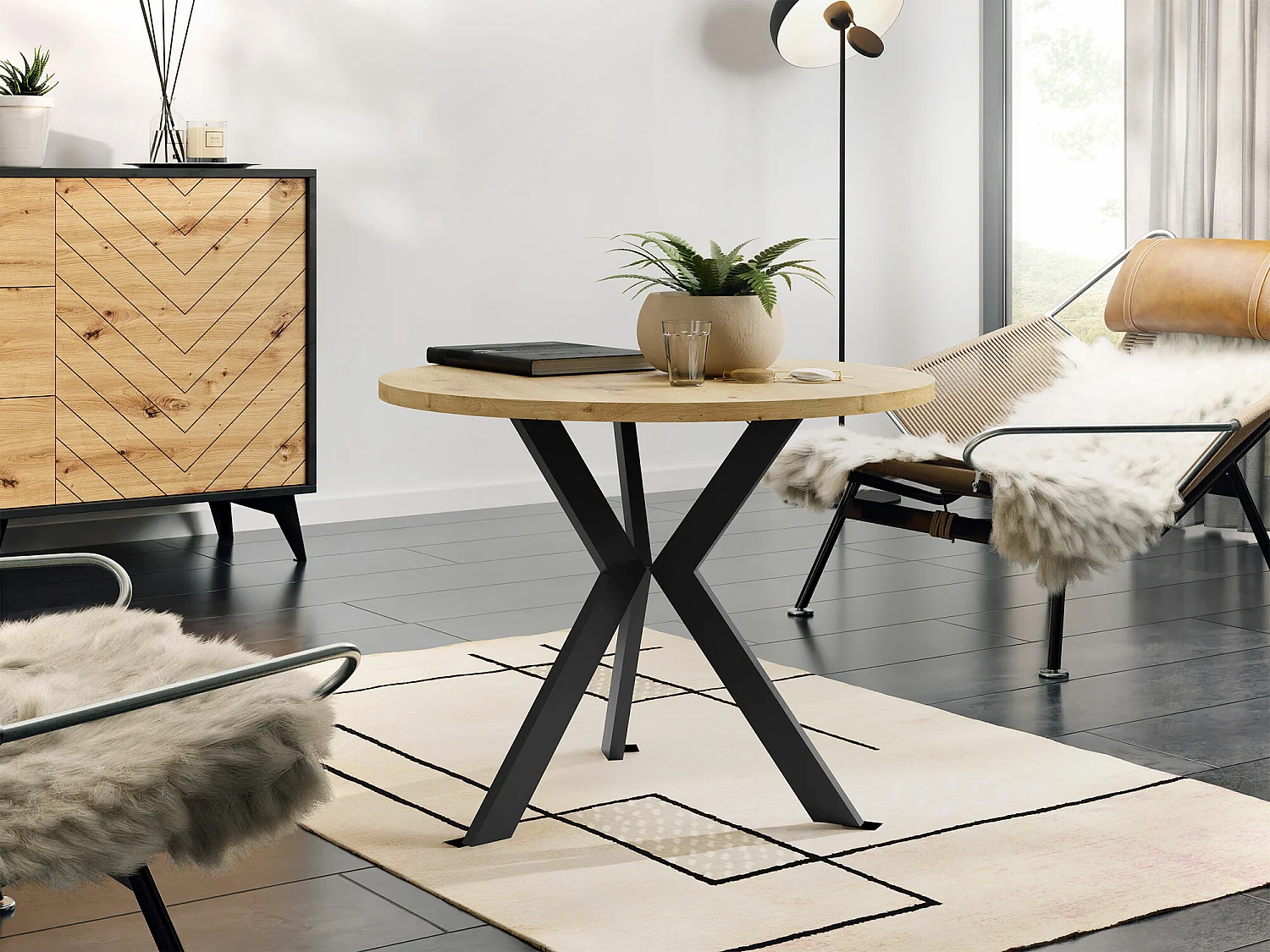 Table basse Dearborn 106, Noir|Chêne Artisan, 50cm, Diamètre: 67, Stratifié, Rond