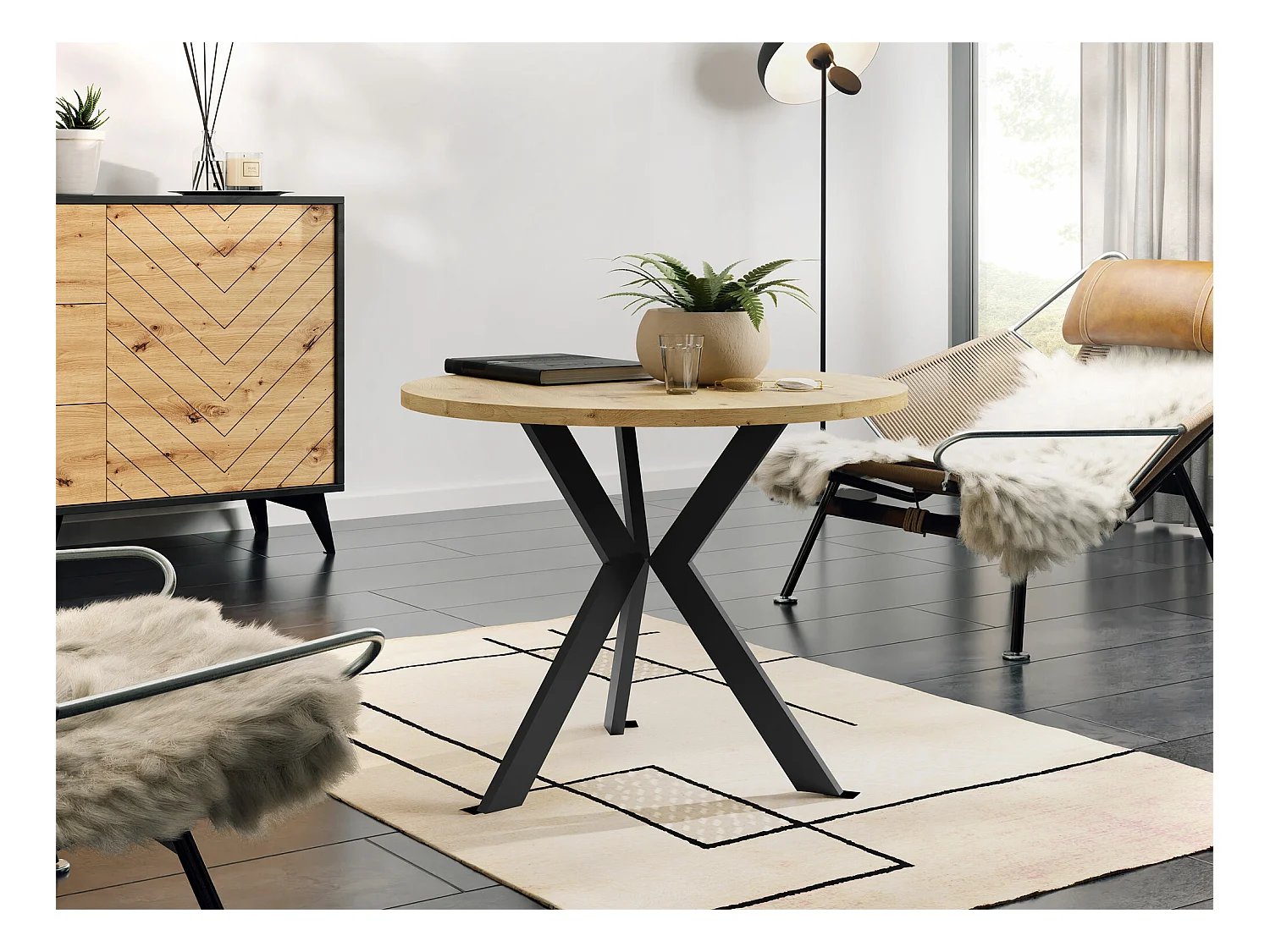 Tavolino da caffè Dearborn 106, Rovere Artisan|Nero, 50cm, Diametro: 65, Round