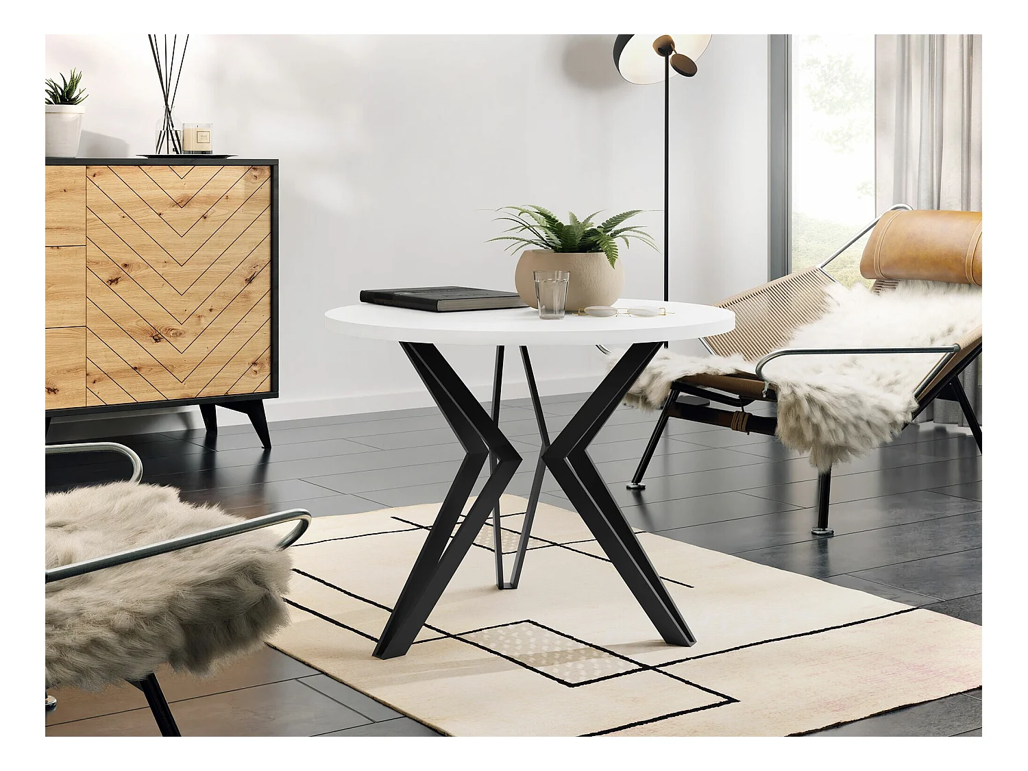Table basse Dearborn 105, Noir|Blanc, 50cm, Diamètre: 65, Stratifié, Rond