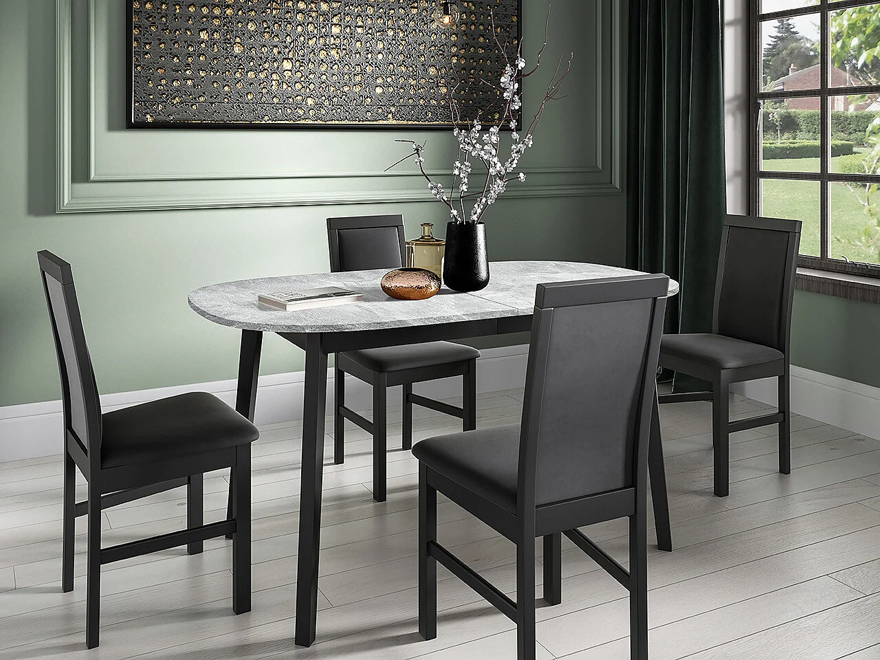 Mesa Edmond 114, Mármol gris|Negro, 77x80x150cm, Alargamiento, Aglomerado laminado